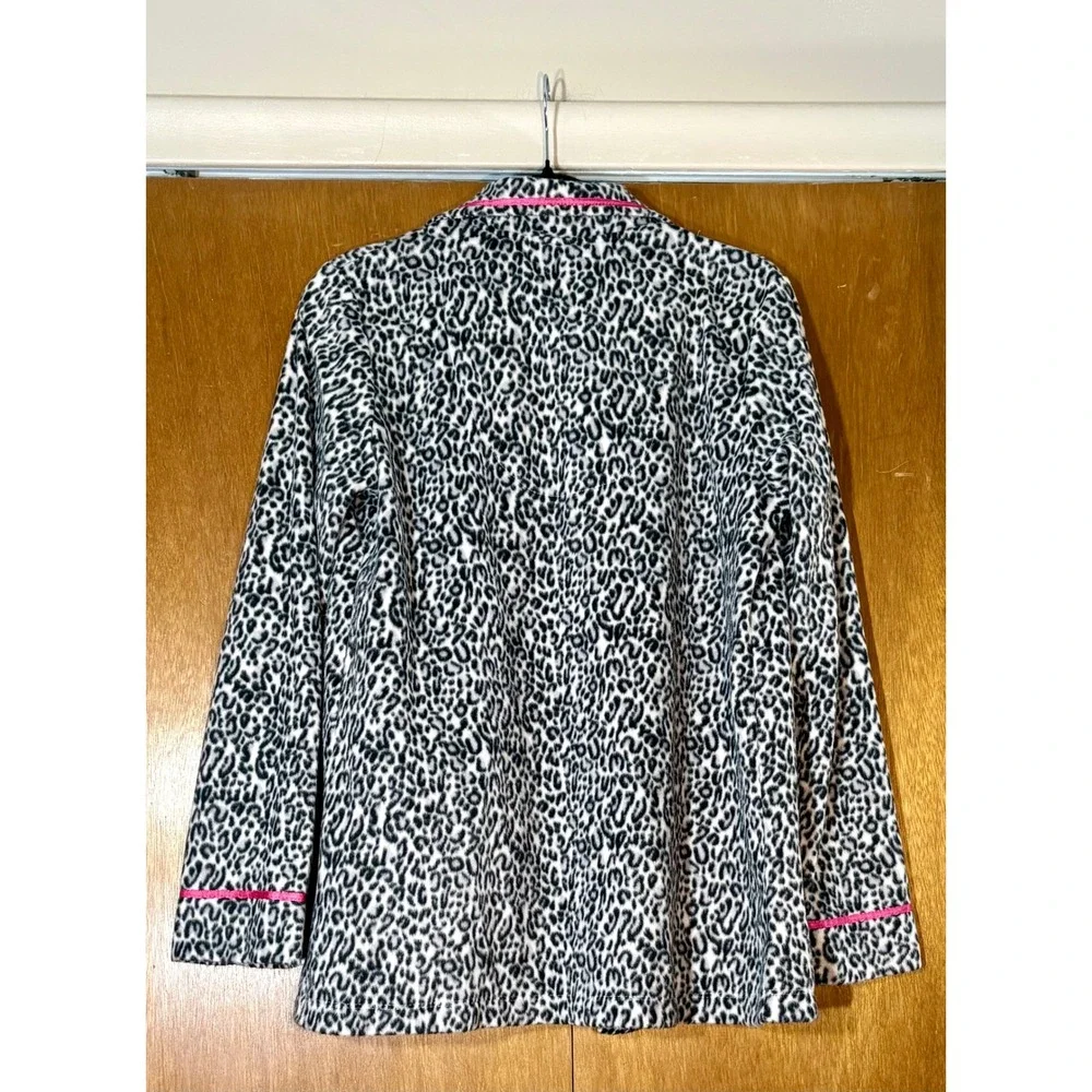Anne Klein Womens Leopard Print Fleece Pajama‎ Set Button Up Pants Pink Trim Med
